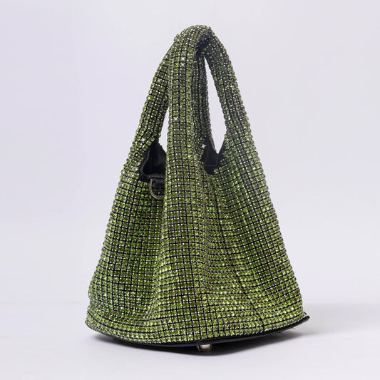 Emerald green rhinestone crystal evening clutch mesh bag LUMINA luxury handbag Pakistan