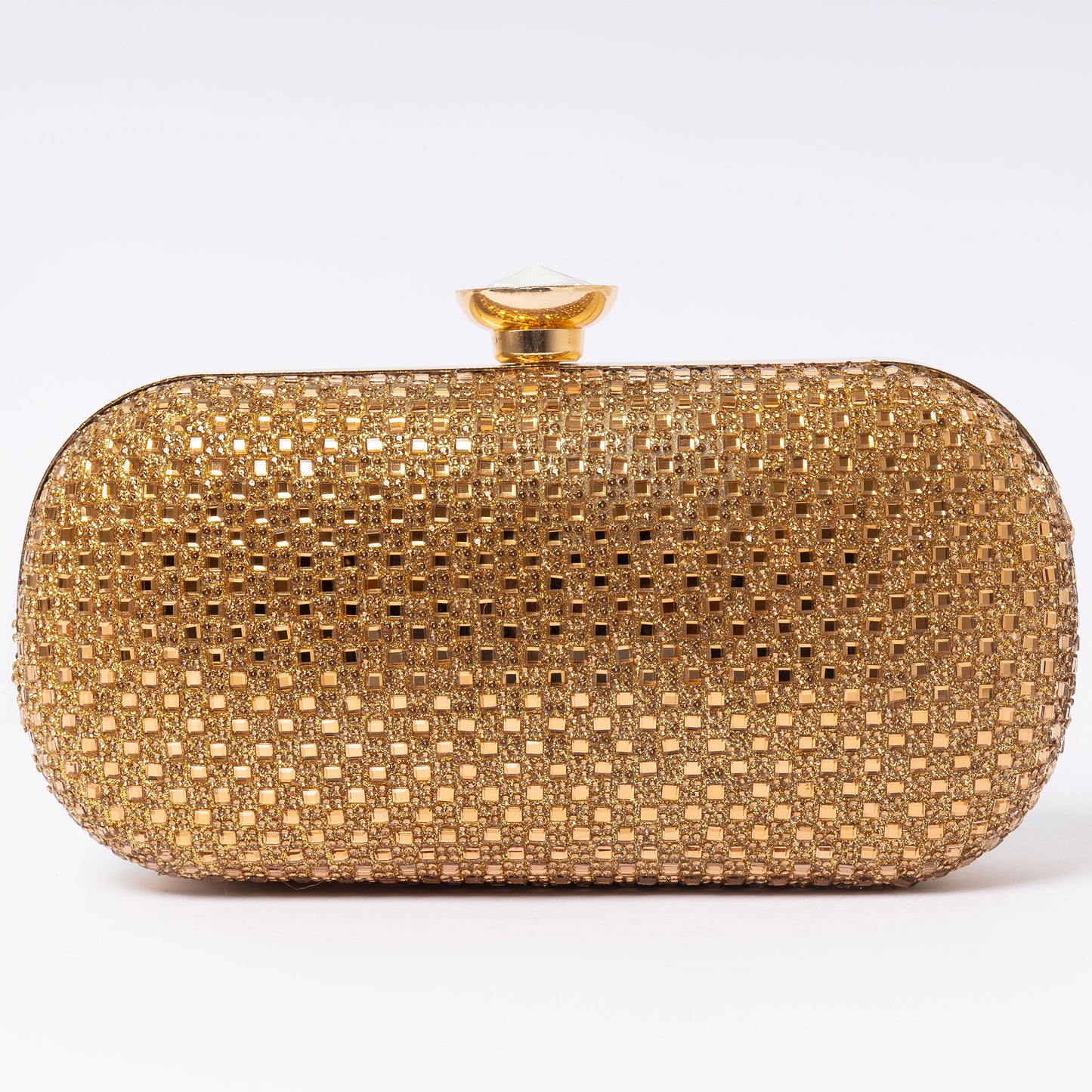 Rhinestone mesh clutch with gold-tone frame and satin lining LUMINA luxury evening bag Pakistan

