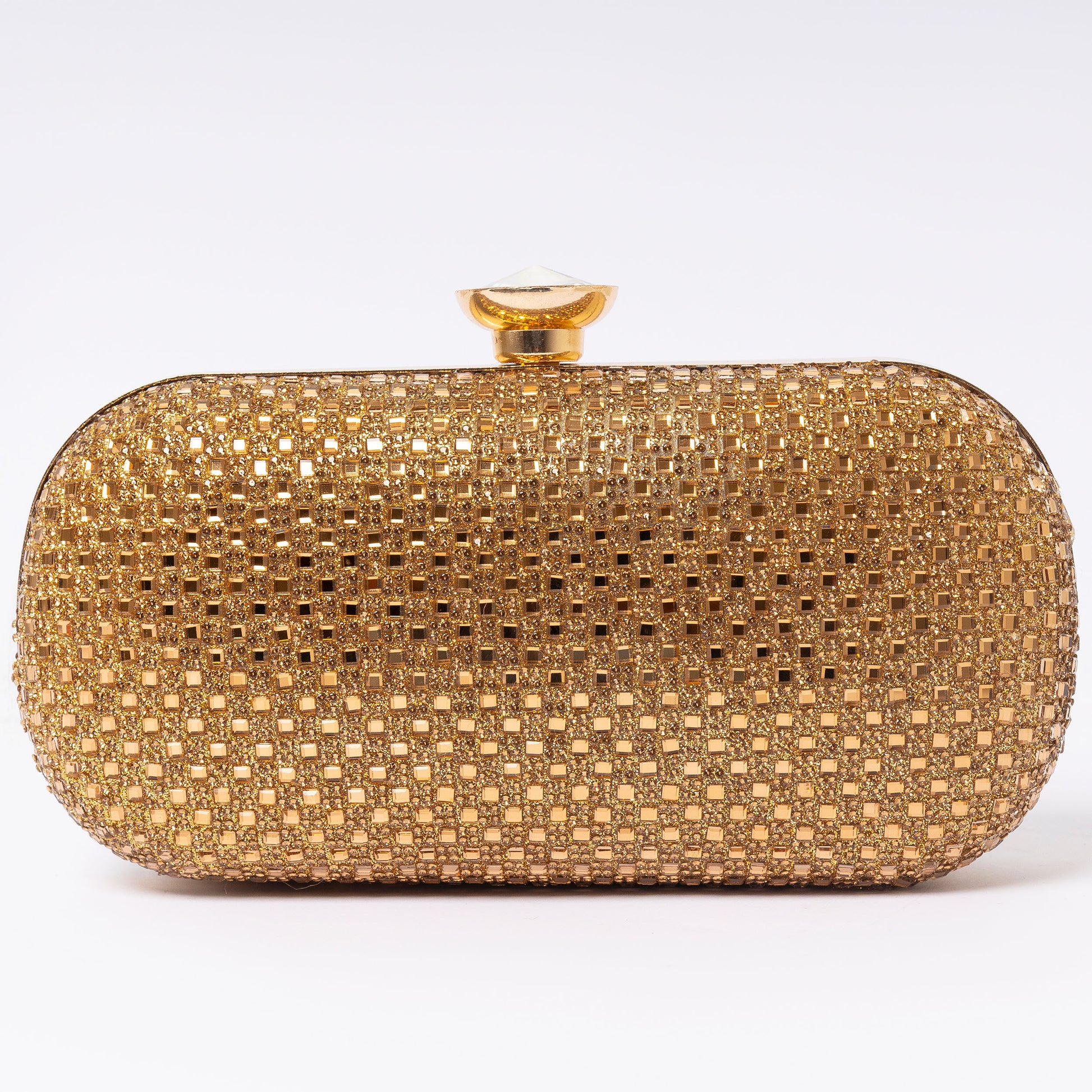 Rhinestone mesh clutch with gold-tone frame and satin lining LUMINA luxury evening bag Pakistan

