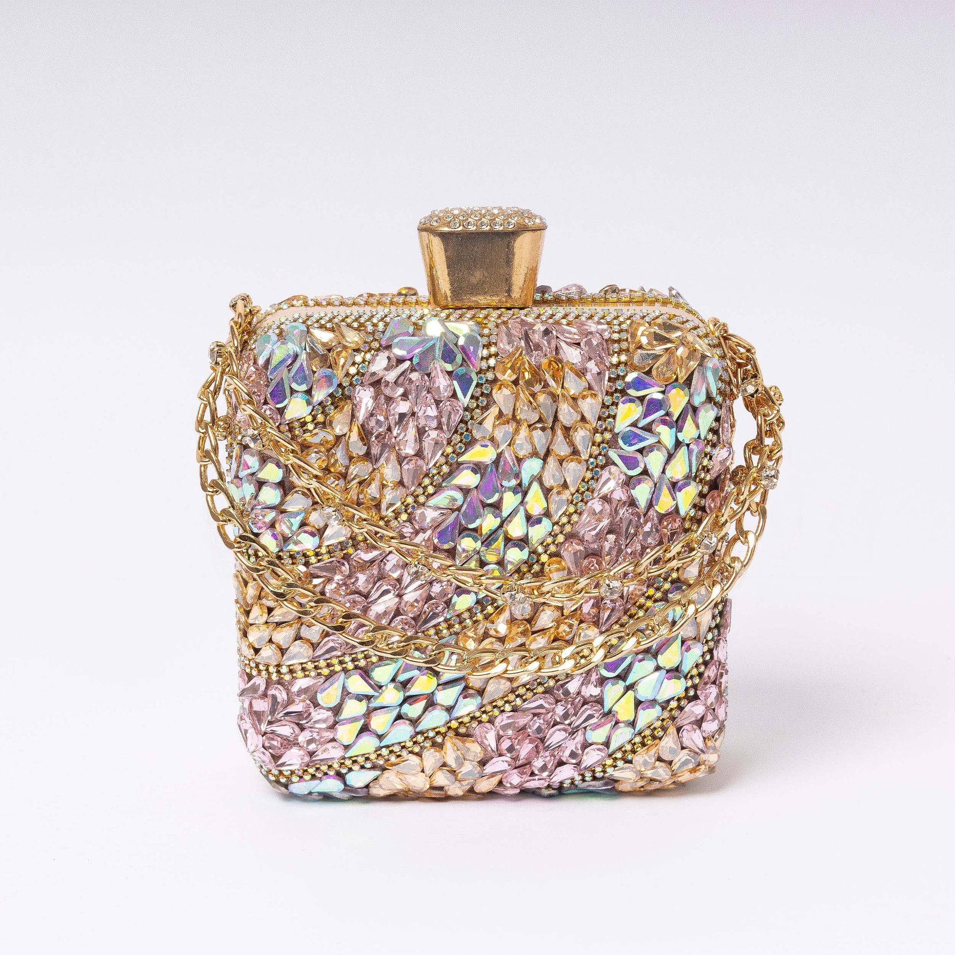 Blush gold crystal embellished clutch with metallic chain strap LUMINA luxury evening bag Pakistan

