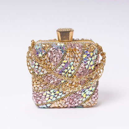 Blush gold crystal embellished clutch with metallic chain strap LUMINA luxury evening bag Pakistan

