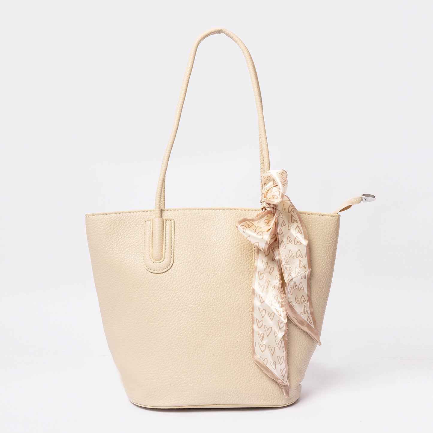 Ivory beiege vegan leather tote bag with pebbled texture with silk scarf LUMINA luxury handbag Pakistan

