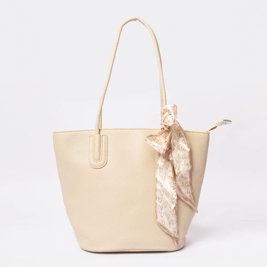 Ivory beiege vegan leather tote bag with pebbled texture with silk scarf LUMINA luxury handbag Pakistan

