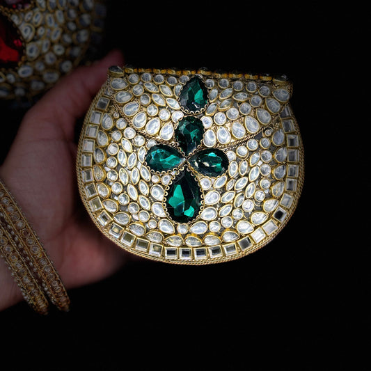 Emerald hand-embellished clutch with glass-cut stones kundan detailing LUMINA heritage luxury bag

